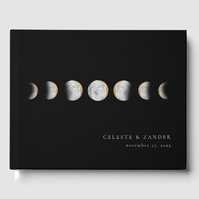 Gilded Moon Phases Modern Wedding Guest Book (Front)