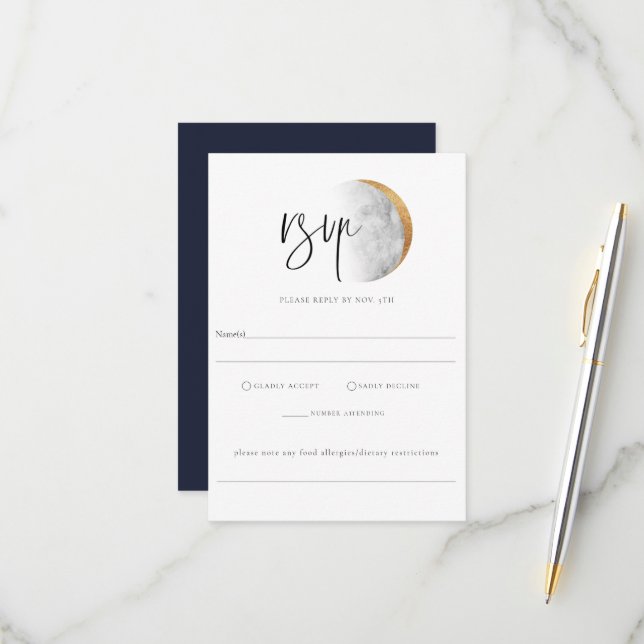 Gilded Moon Wedding RSVP Allergy Note Card (Front/Back In Situ)