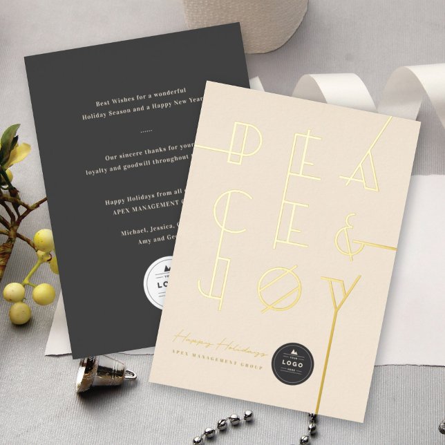 Gilded Peace & Joy Geo Lines Typography Business Foil Holiday Card (Creator Uploaded)