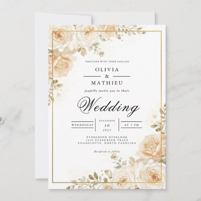 Gilded Peach Blossom Romance Wedding Invitation (Front)