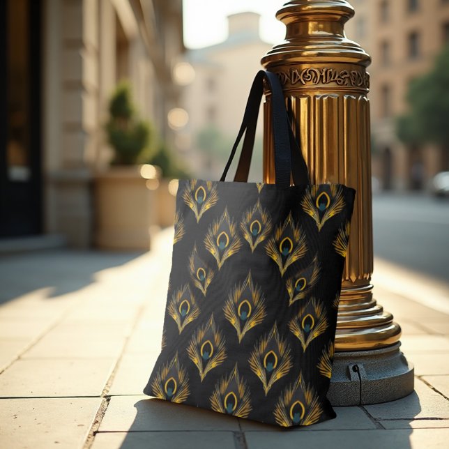 Gilded Peacock Art Deco - Luxe Deco Gold & Grey Tote Bag (Carry Art Deco elegance. Gilded peacock tote bag for glamorous urban life.)