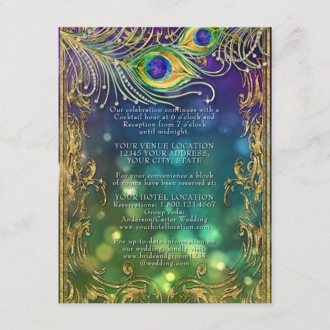 Gilded Peacock Feathers Jewel Gold Wedding Details Enclosure Card (Front)