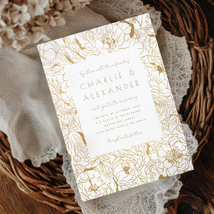 Gilded Peonies White Gold Invitation