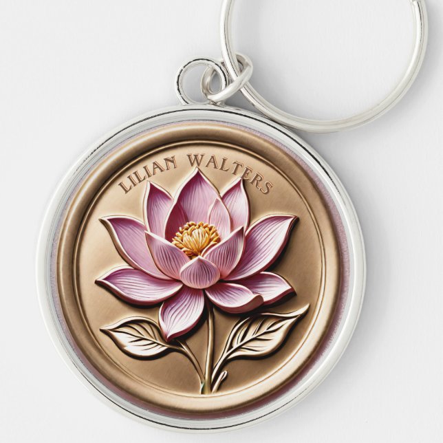 Gilded Pink Lotus Faux 3D Gold Wax Seal Key Ring (Front)