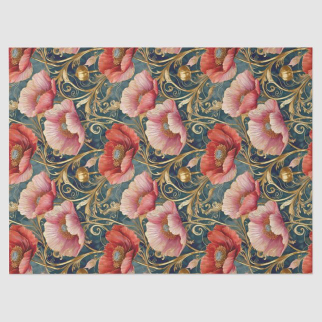 Gilded Red and Pink Poppies, Allover pattern Tissue Paper (Front)