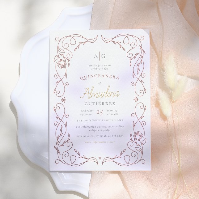 Gilded Rose Gold Frame Elegant Quinceañera Photo Invitation (Creator Uploaded)