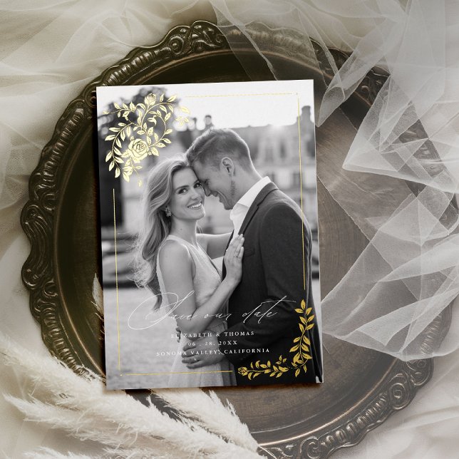 Gilded Roses Formal Photo Wedding Save the Date (foil wedding save the date photo card template roses floral botanical gold foil regal royal stately)