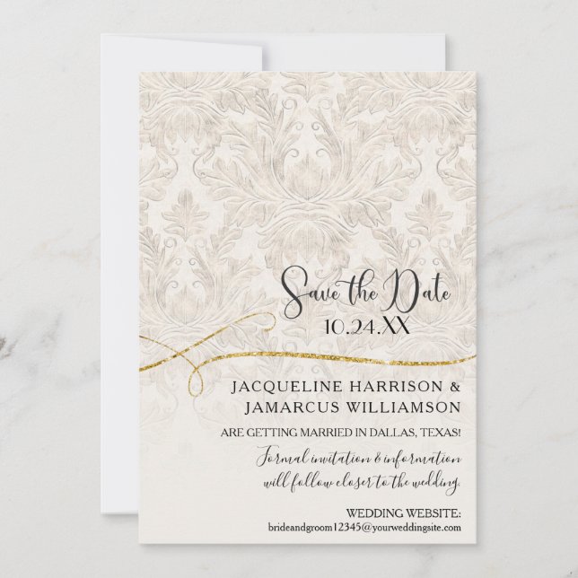 Gilded Scroll Damask Ivory Gold Save the Date (Front)