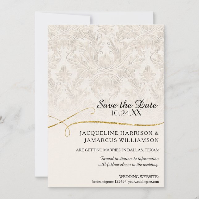 Gilded Scroll Damask Ivory Gold Save the Date (Front)