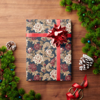Gilded Scrollwork Variegated Peony Navy Wrapping Paper