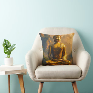 Gilded Seated Buddha Under a Sunset Sky Cushion