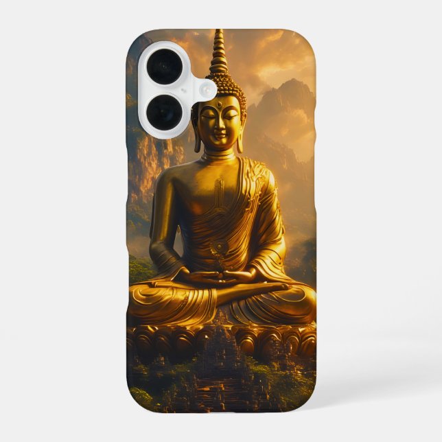 Gilded Seated Buddha Under a Sunset Sky iPhone 16 Case (Back)
