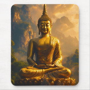 Gilded Seated Buddha Under a Sunset Sky Mouse Pad
