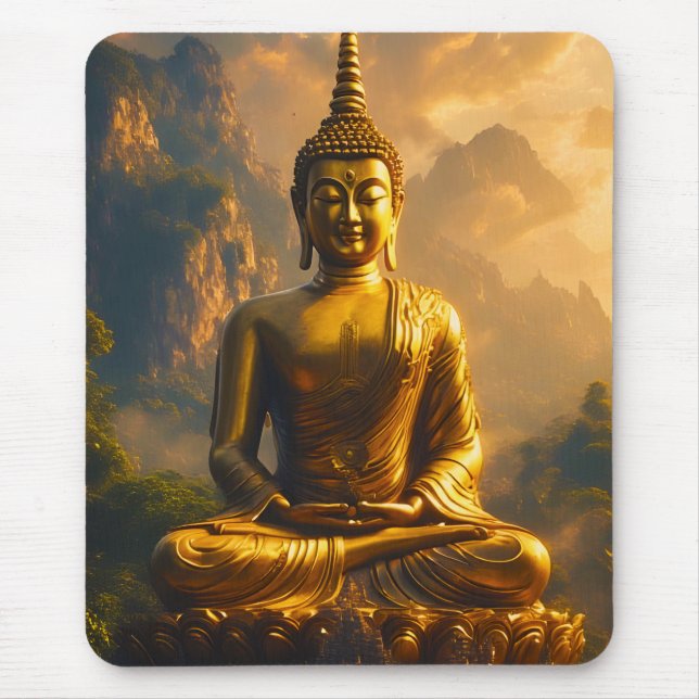 Gilded Seated Buddha Under a Sunset Sky Mouse Pad (Front)