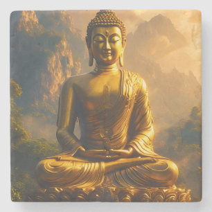 Gilded Seated Buddha Under a Sunset Sky Stone Coaster