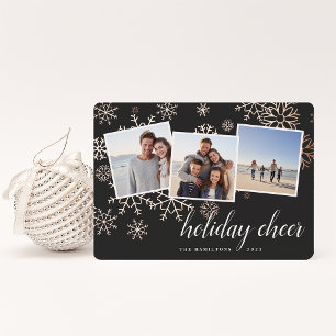 Gilded Snow Snowflake Photo Collage Rose Gold Foil Holiday Card