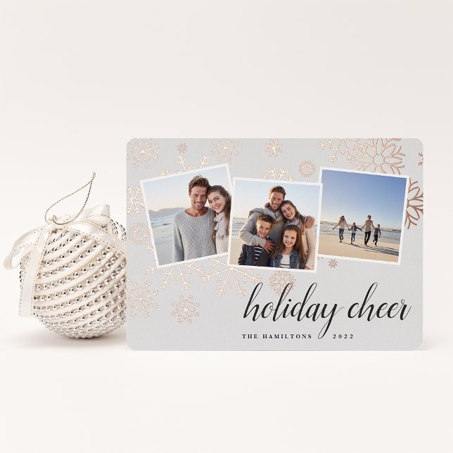 Gilded Snow | Snowflake Photo Collage Rose Gold Foil Holiday Card (Creator Uploaded)