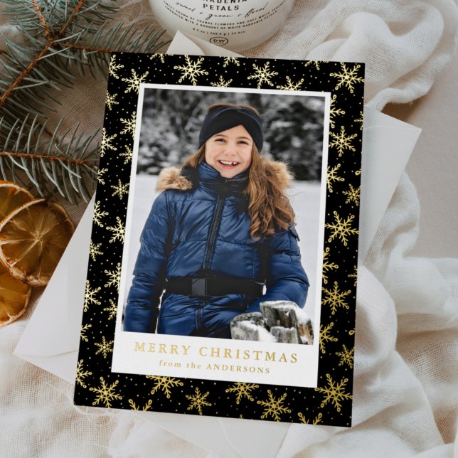 Gilded Snowflakes Photo Black and Gold Foil Holiday Card (Creator Uploaded)