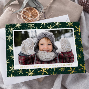 Gilded Snowflakes Photo Green and Gold Foil Holiday Card