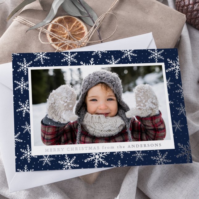 Gilded Snowflakes Photo Navy and Silver Foil Holiday Card (Creator Uploaded)