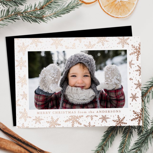 Gilded Snowflakes Photo Rose Gold Foil Holiday Card (Creator Uploaded)