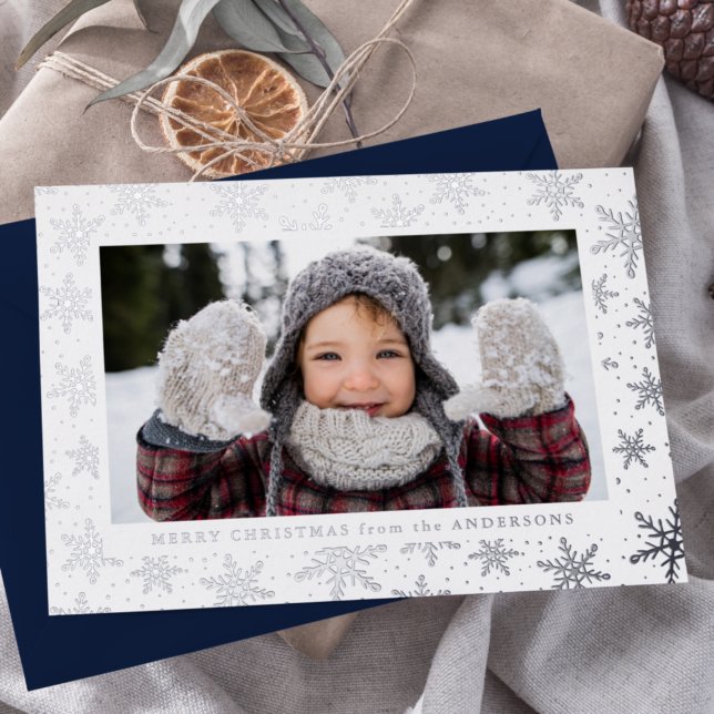Gilded Snowflakes Photo Silver Foil Holiday Card (Creator Uploaded)