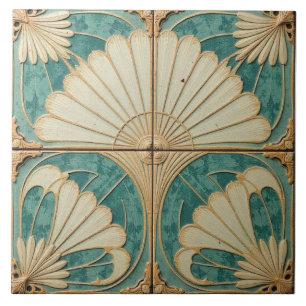 Gilded Teal and Cream Fans Ceramic Tile