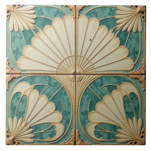 Gilded Teal and Cream Fans Ceramic Tile (Front)