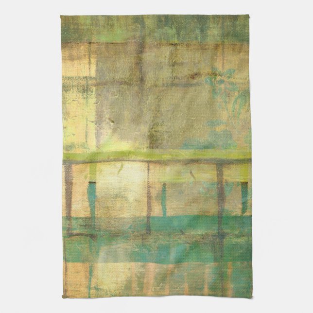 Gilded Turquoise and Green Abstract Painting Tea Towel (Vertical)