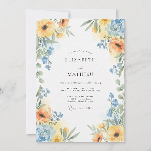Gilded Yellow Azure Poppy Wedding Invitation (Front)