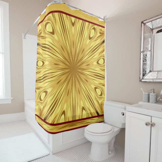 Gilded Zenith: Opulent Swirl Crimson | Gold Luxury Shower Curtain (In Situ)