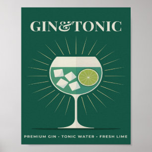 Gin and Tonic Retro Dark Green Cocktail Graphic Poster