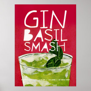 Gin Basil Smash: A Retro Cocktail Red Art Poster