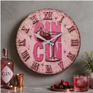Gin Martini Pink Retro Cocktail Bar Decor Large Clock