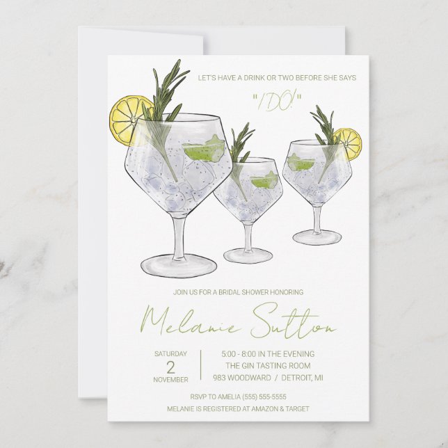 Gin & Tonic, Cocktail, Drinks, Bridal Shower Invitation (Front)