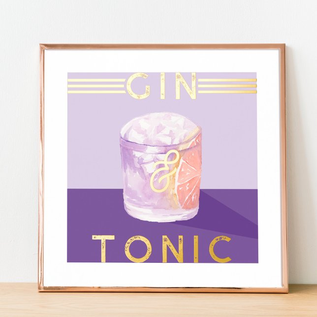Gin & Tonic Retro Purple Cocktail Watercolor Art Foil Prints (Creator Uploaded)