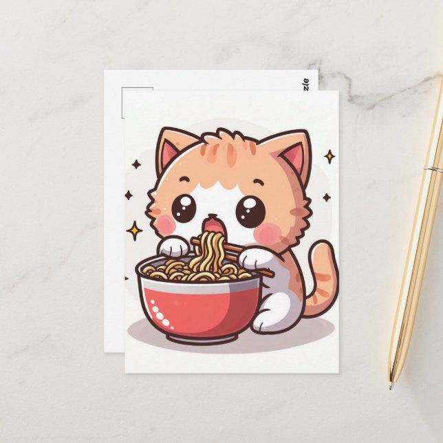 Ginger and White Kitten Eating Ramen  Postcard (Front/Back In Situ)