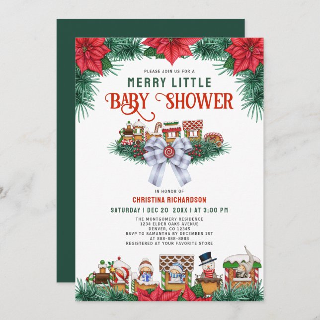 Ginger Bread Poinsettia Merry Little Baby Shower  Invitation (Front/Back)