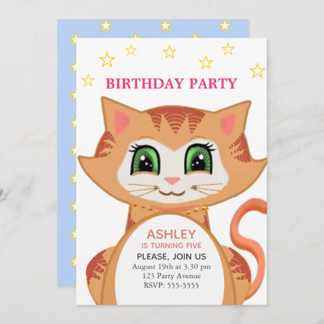 Ginger Cat 5th Birthday Party Invitation (Front/Back)