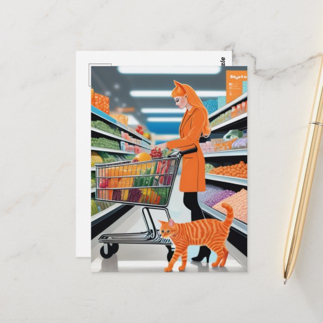 Ginger Cat at the Grocery Store Postcard (Front/Back In Situ)