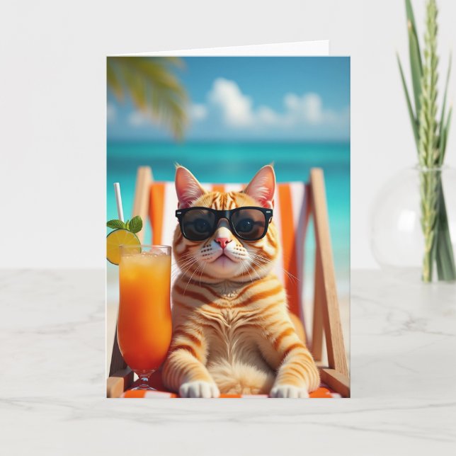 Ginger Cat Beach Birthday Card (Front)