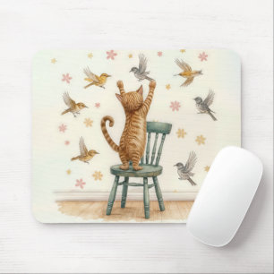 Ginger Cat Catching a Bird On Wallpaper Mouse Pad