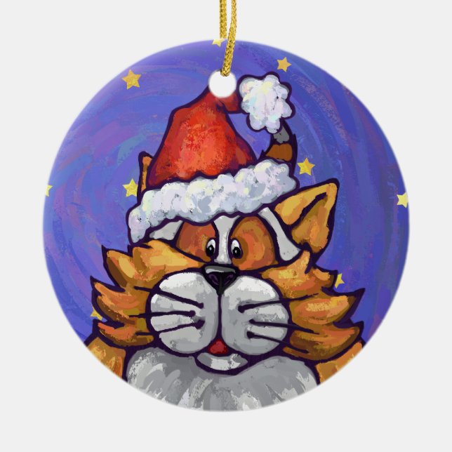 Ginger Cat Christmas Ceramic Ornament (Front)