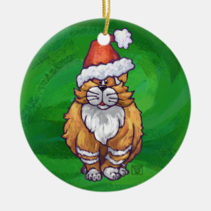 Ginger Cat Christmas On Green Ceramic Ornament