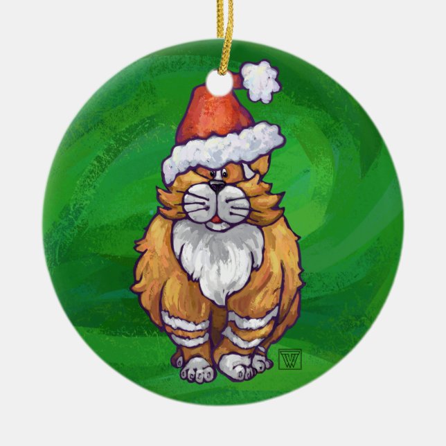 Ginger Cat Christmas On Green Ceramic Ornament (Front)