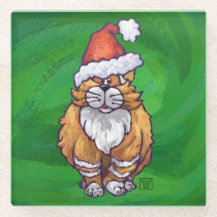 Ginger Cat Christmas On Green Glass Coaster