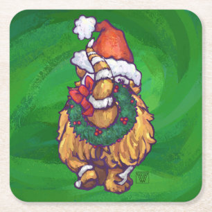 Ginger Cat Christmas On Green Square Paper Coaster
