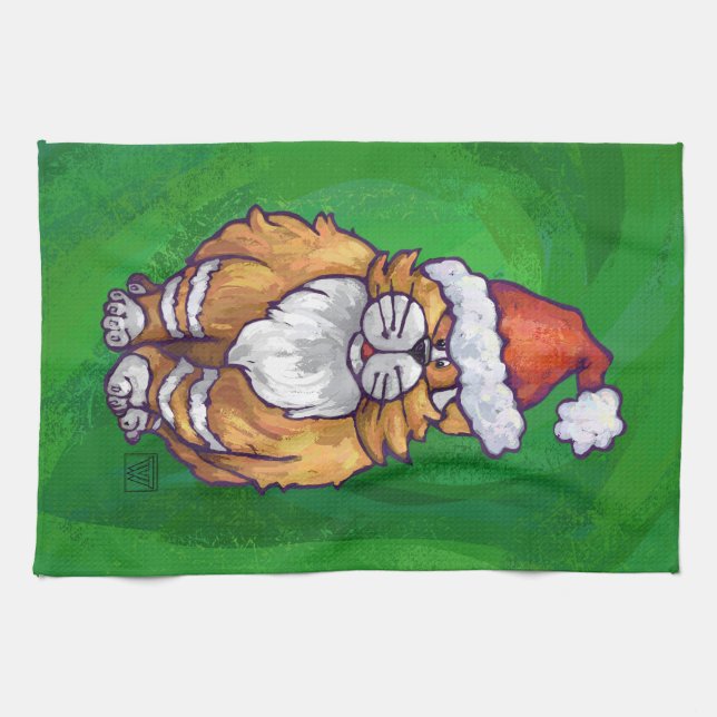 Ginger Cat Christmas On Green Tea Towel (Horizontal)