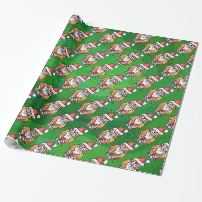 Ginger Cat Christmas On Green Wrapping Paper (Unrolled)