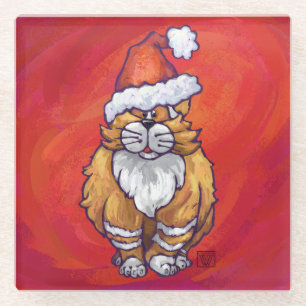 Ginger Cat Christmas On Red Glass Coaster